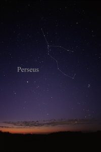 Image of the night sky with the constellation Perseus visible. Lines have been drawn between the stars, and the constellation has been labelled 'Perseus'.